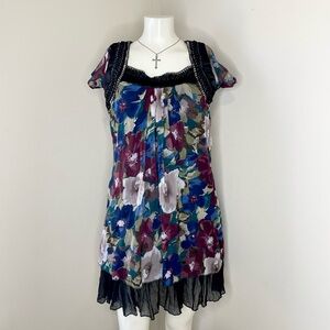Floral Chiffon Dress with Black Lace Trim Women’s L